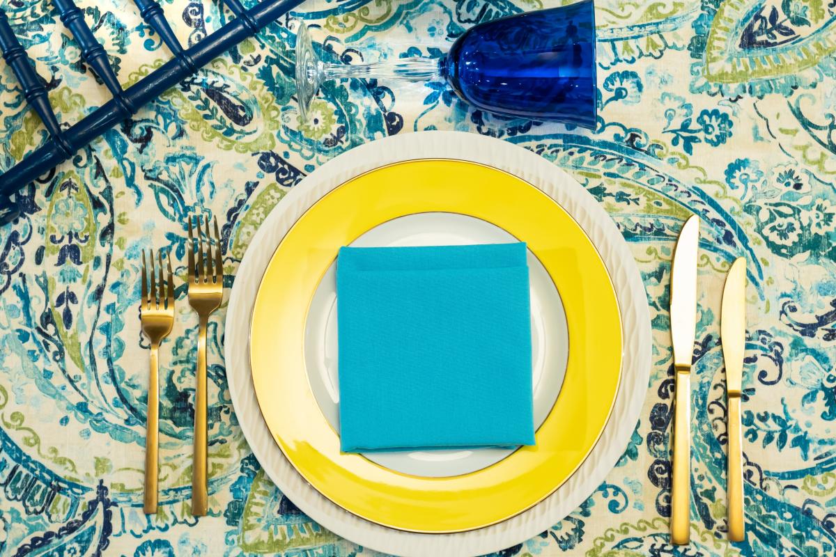 Remi Peacock and Turquoise Twill Napkin with Charleston and Yellow Rim