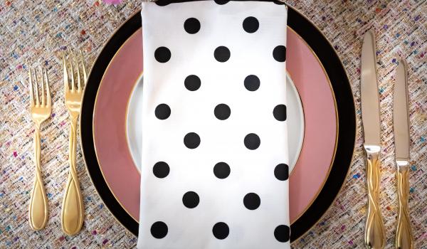 Black Polka Dot Dinner Napkin on Chanel Tweed Cream 