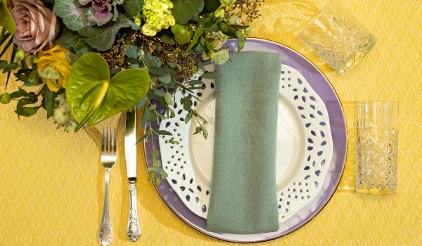 White Lace Dinner and Linati Seafoam over Lilac Base Plate with Monte Carlo Flatware and Timeless Glassware